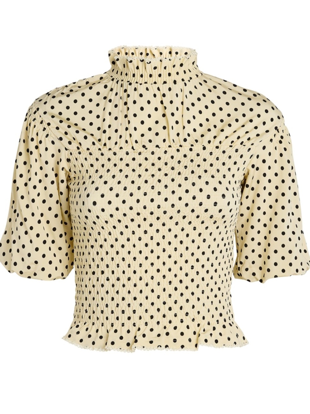 Sandro Racine smocked Polka Dot Beige Black Mock Neck Puff Sleeve Blouse size 4 - Picture 3 of 16